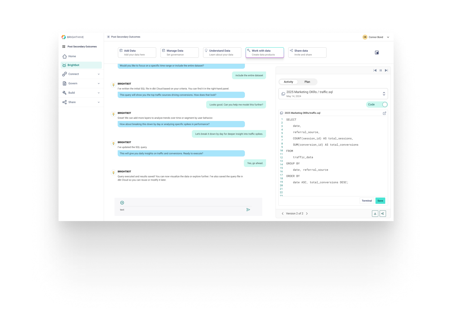 BrightHive interface showing user chatting with data