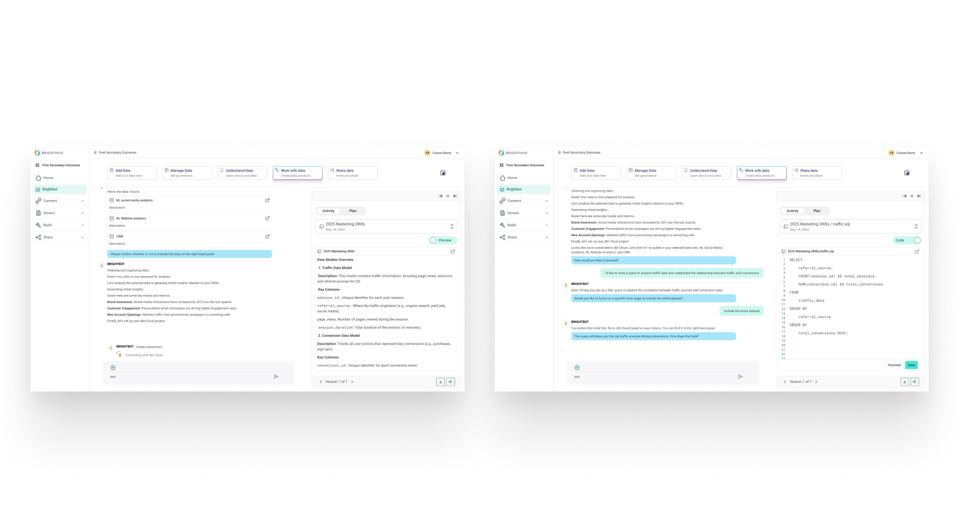 BrightHive screens showing code view versus preview